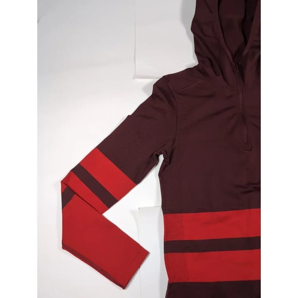 The North Face Red Stripe Secondskin Seamless 1/4 Zip Hooded Pullover Medium - Picture 2 of 9